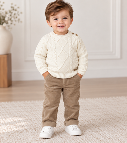 Boys’ Ivory Cable-Knit Sweater & Tan Corduroy Pants Set