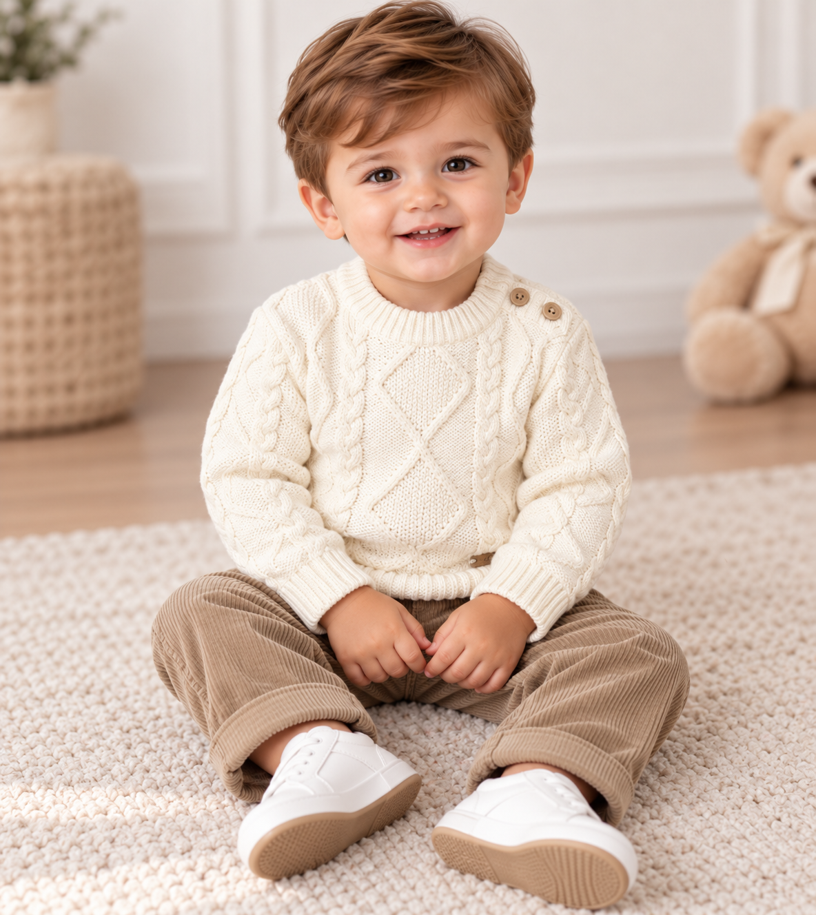 Boys’ Ivory Cable-Knit Sweater & Tan Corduroy Pants Set