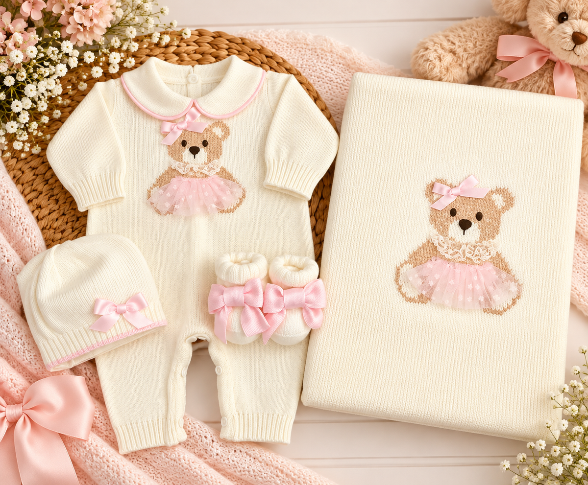 Baby Girls’ Ivory & Pink Teddy Bear Knit Romper Take Me Home Set