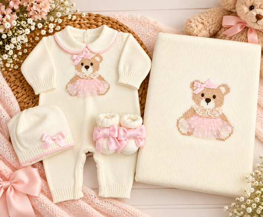 Baby Girls’ Ivory & Pink Teddy Bear Knit Romper Take Me Home Set