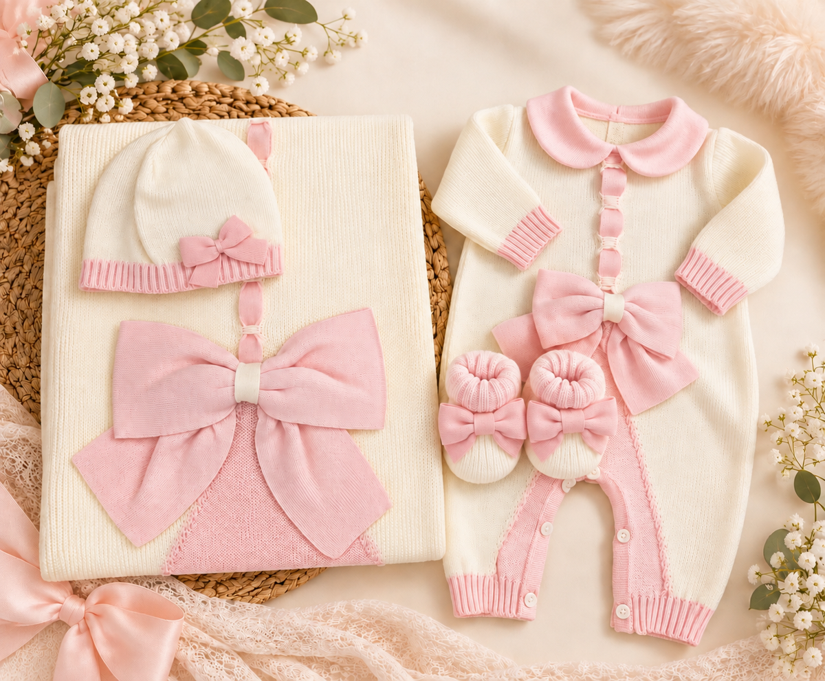 Baby Girls’ Cream & Pink Bow Knit Take Me Home Set