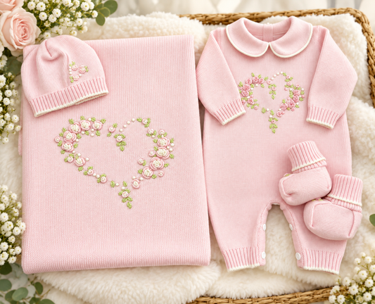 Pink Floral Heart Knit Baby Take me home set Made In Italy