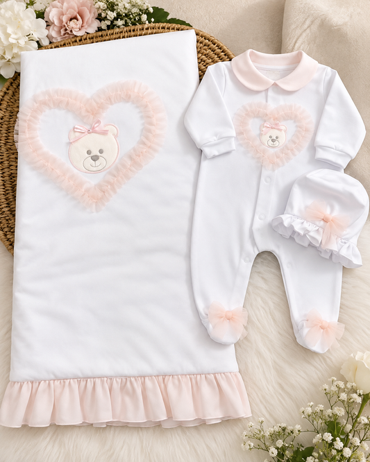 White & Blush Pink Teddy Bear Baby take me home set  Made In Italy