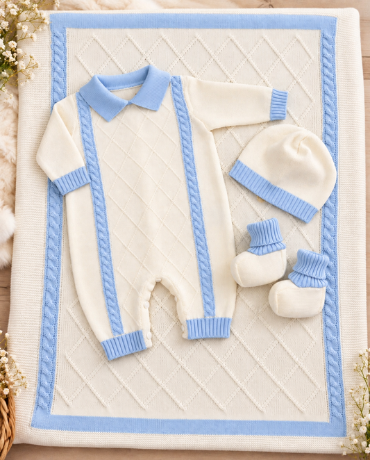 Ivory & Baby Blue Cable-Knit Baby Romper Take Me Home Set Made In Italy