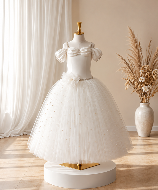 Tate - Girls’ Off-Shoulder Bow communion Gown with Embellished Skirt