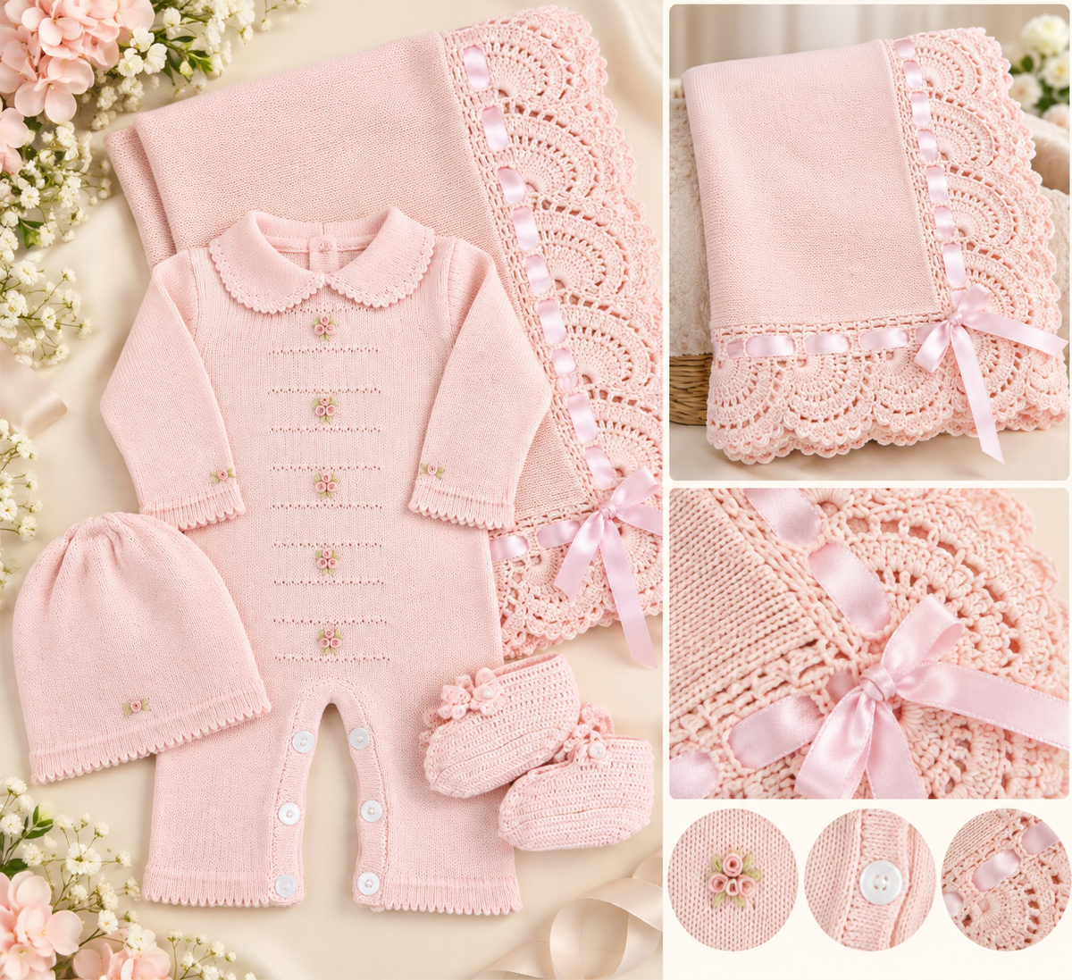 Blush Pink Floral Knit Baby Girls Take Me Home Set