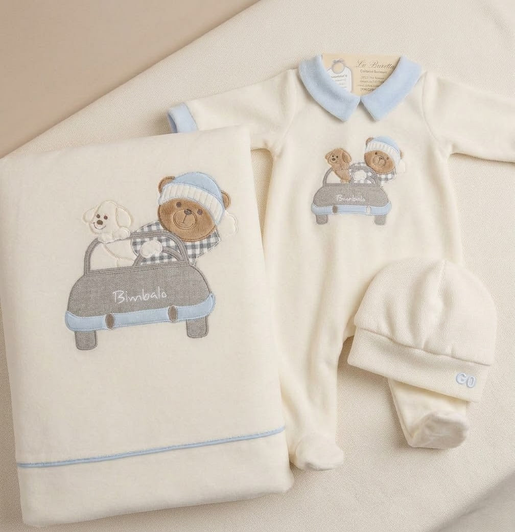 Ivory & Blue Teddy Bear Car Baby Outfit Take Me Home Set Made In Italy