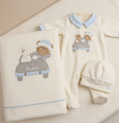 Ivory & Blue Teddy Bear Car Baby Outfit Take Me Home Set Made In Italy