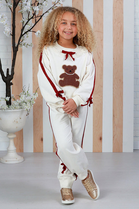 Girls’ Ivory Teddy Bear Outfit with Burgundy Bow Details