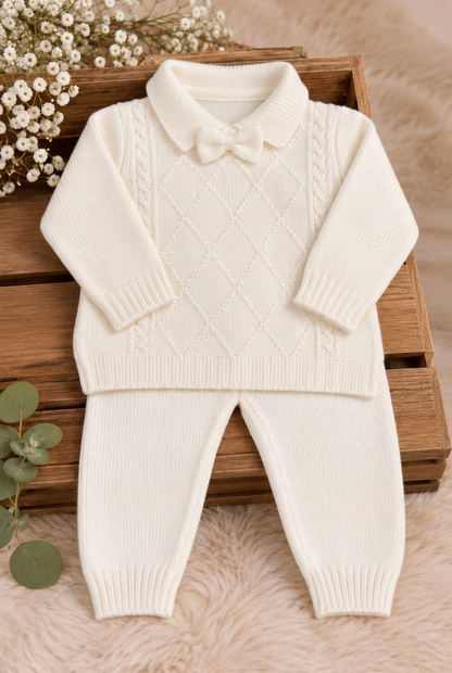 Ivory Cable-Knit Baby Sweater & Pants Set with Bow Made In Italy