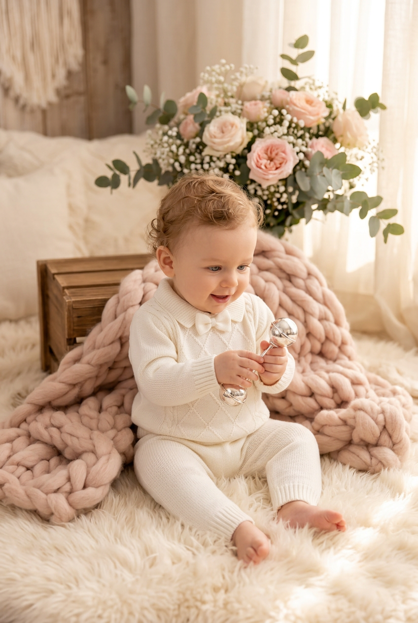 Ivory Cable-Knit Baby Sweater & Pants Set with Bow Made In Italy