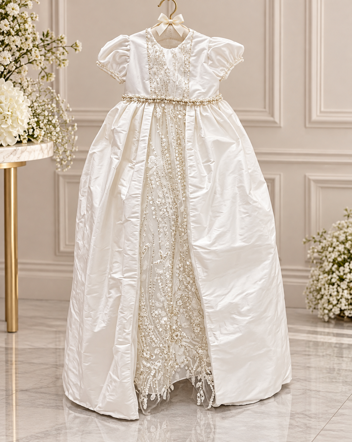 Silk Christening Gown with Embellished Lace Custome couture