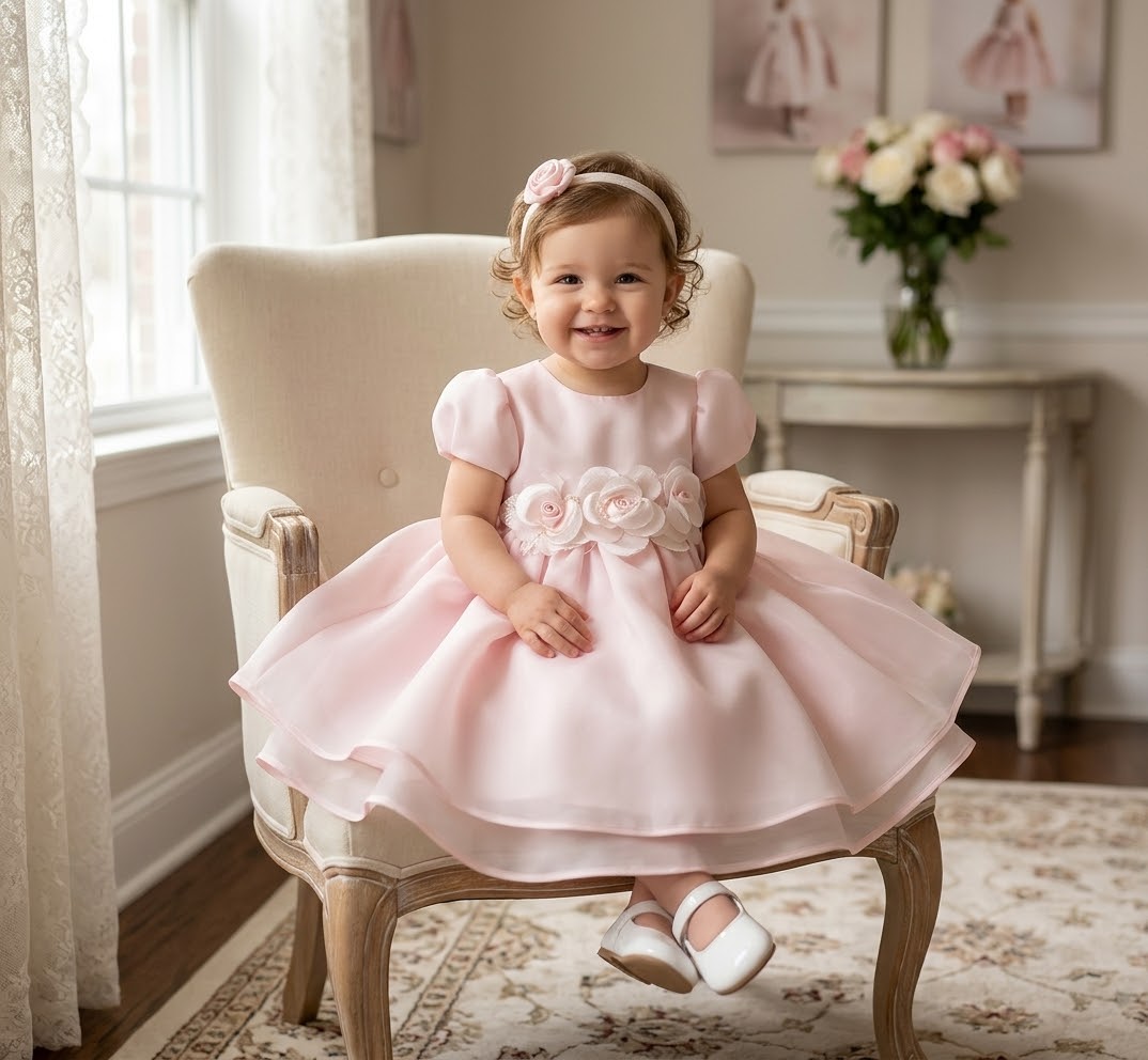 Girls’ Blush Pink Rosette Puff-Sleeve Occasion Dress
