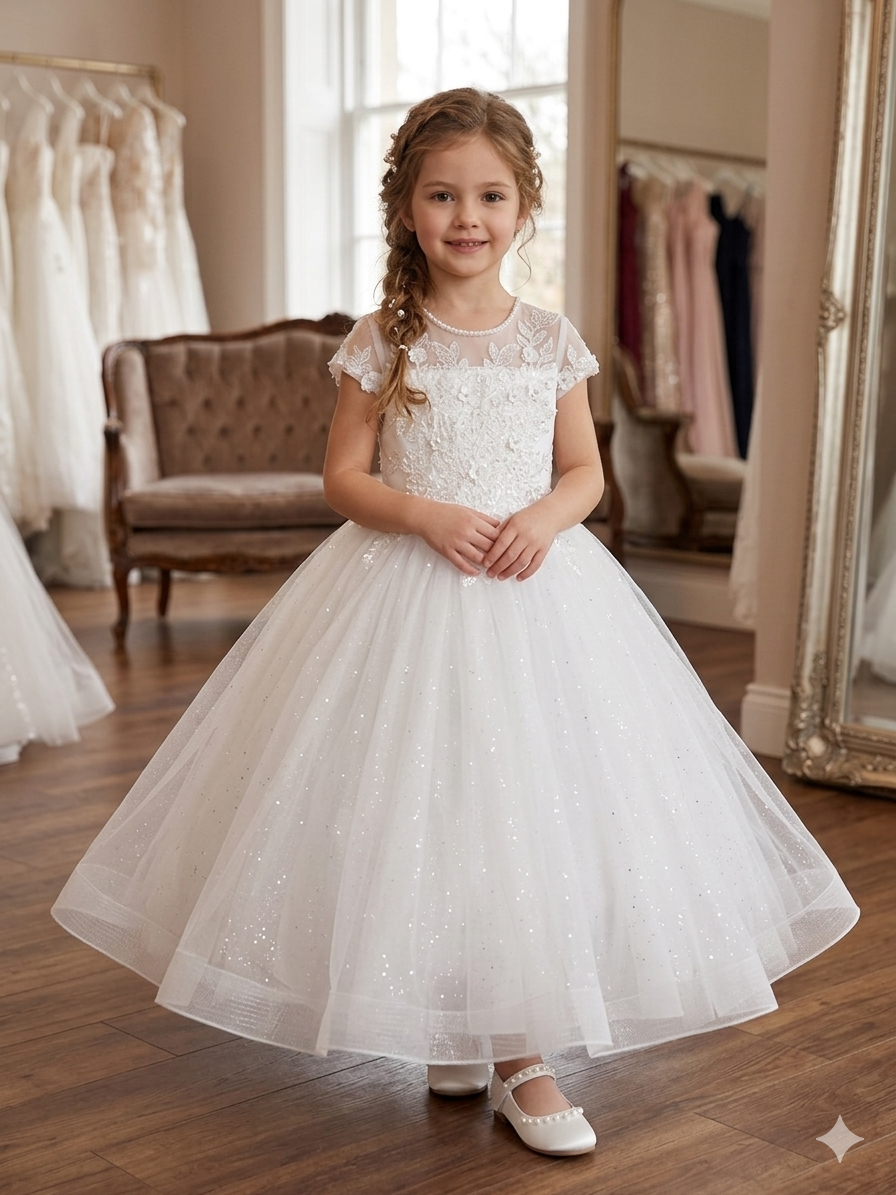 Girls Glitter Tulle Communion Dress with Floral Bodice & Bow
