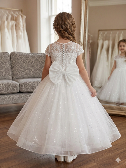 Girls Glitter Tulle Communion Dress with Floral Bodice & Bow