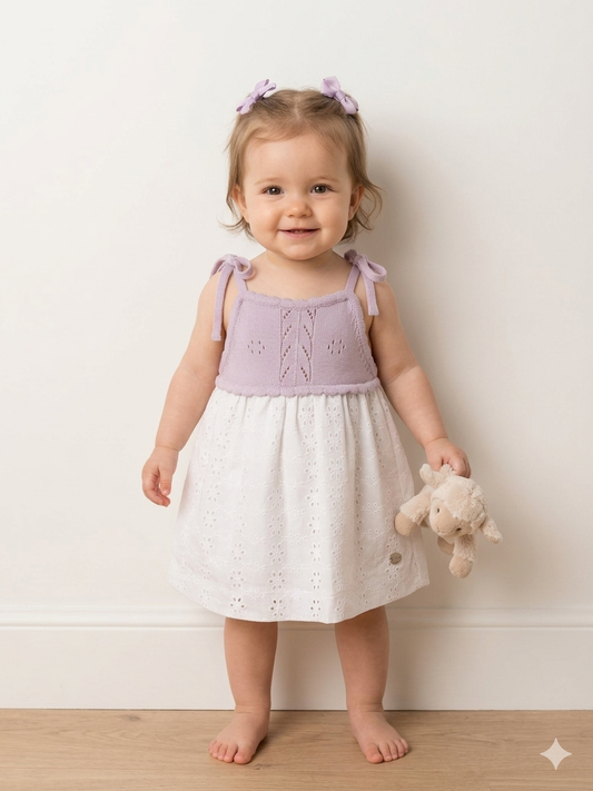 Lavender Knit & White Eyelet Baby Dress with Tie Straps