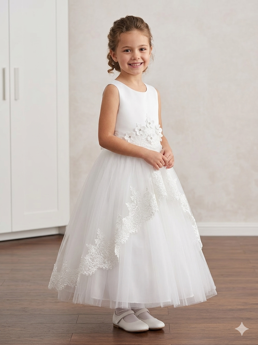 Girls White Lace Tulle Communion Dress with 3D Floral Appliqué