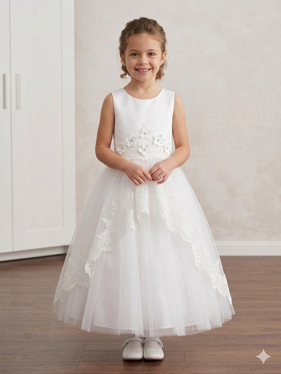 Girls White Lace Tulle Communion Dress with 3D Floral Appliqué