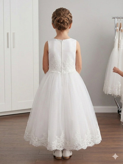 Girls White Lace Tulle Communion Dress with 3D Floral Appliqué