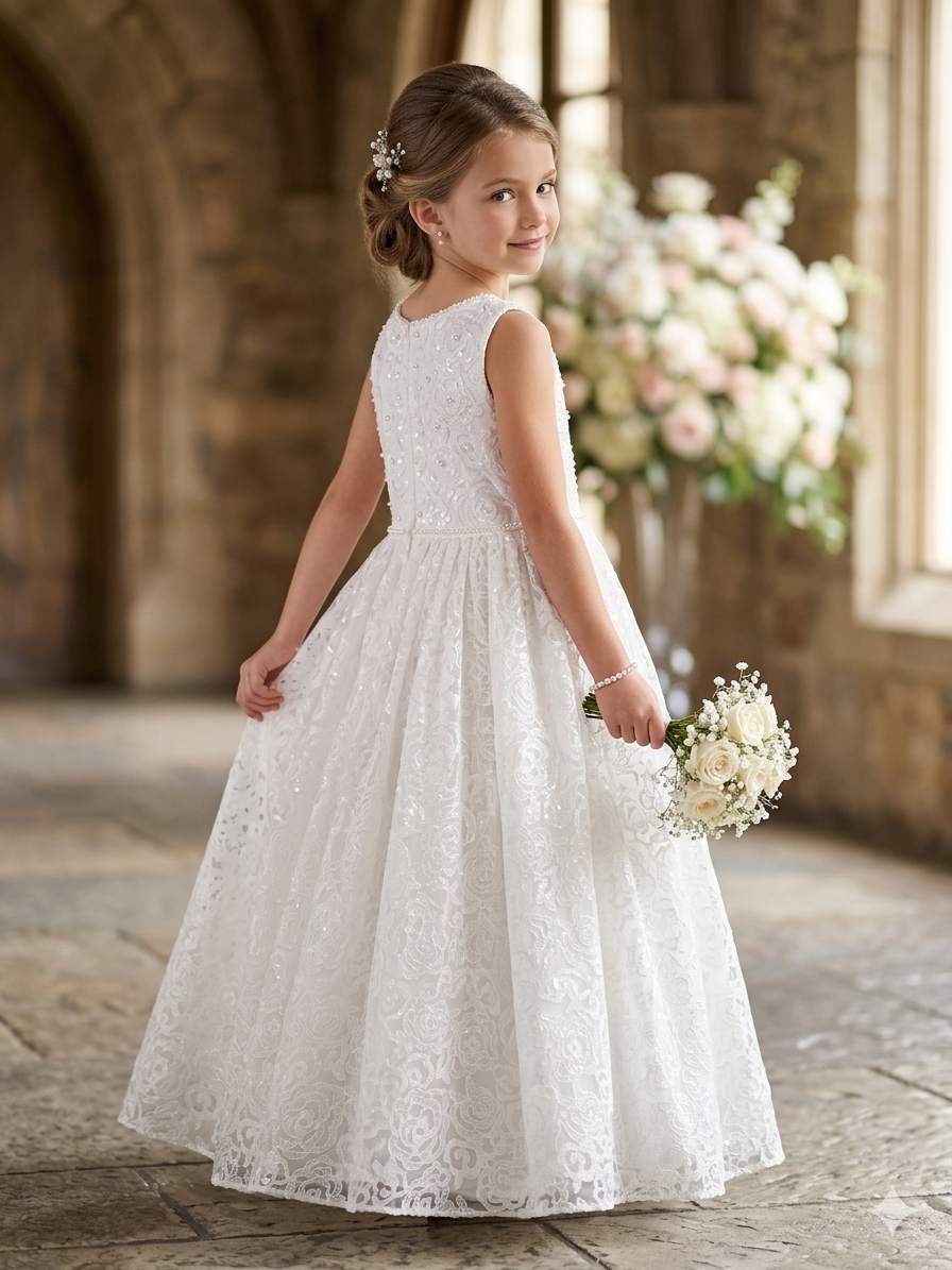 Communion Dress With Rose Design all over lace with beading
