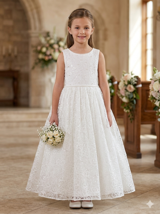 Communion Dress With Rose Design all over lace with beading