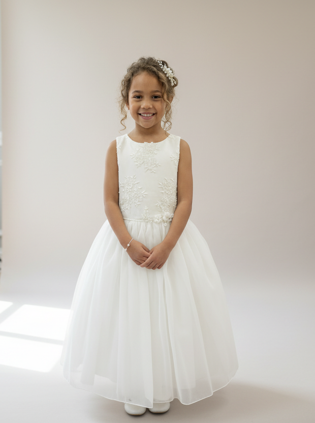 Ivory Lace Appliqué Flower Girl Dress with Tulle Skirt