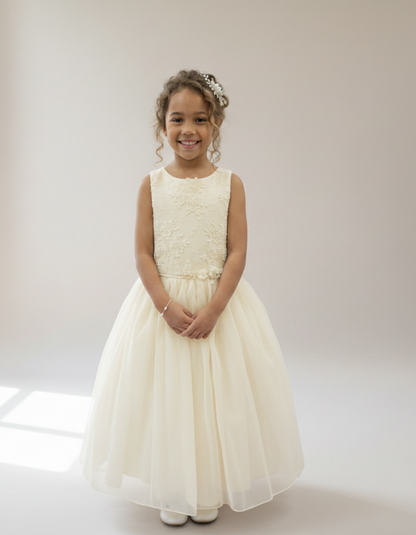Ivory Lace Appliqué Flower Girl Dress with Tulle Skirt