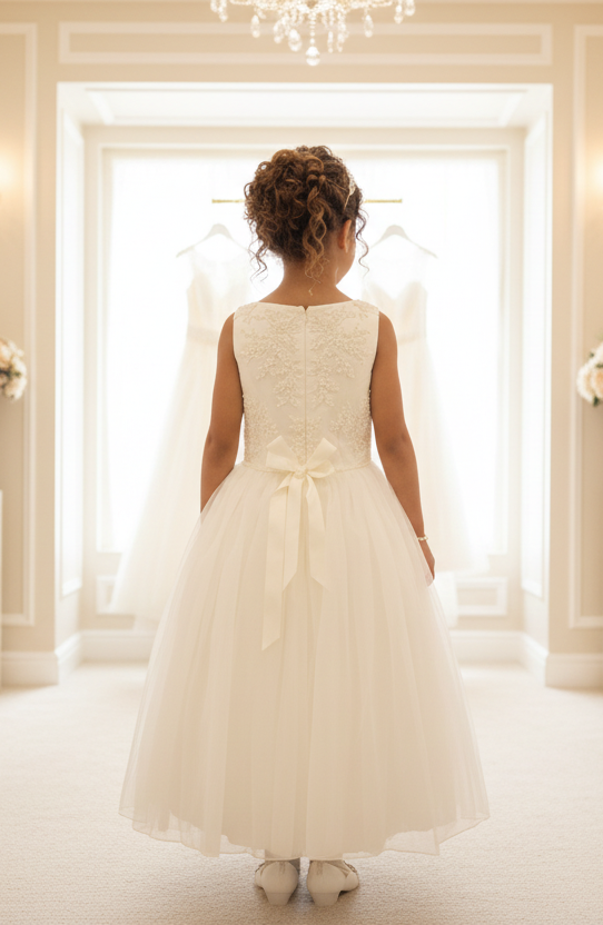 Ivory Lace Appliqué Flower Girl Dress with Tulle Skirt