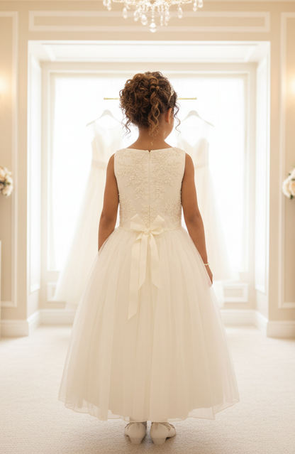 Ivory Lace Appliqué Flower Girl Dress with Tulle Skirt