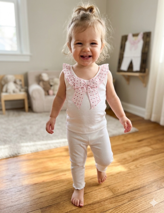 Girls White Ruffle Bow Tank & Legging Set