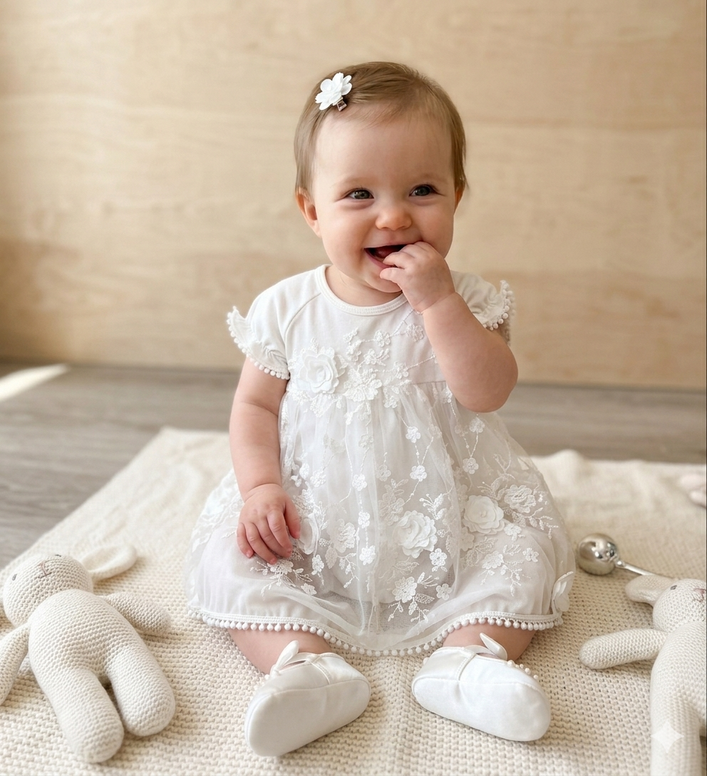 Baby in a white lace dress sitting on a blanket with toys