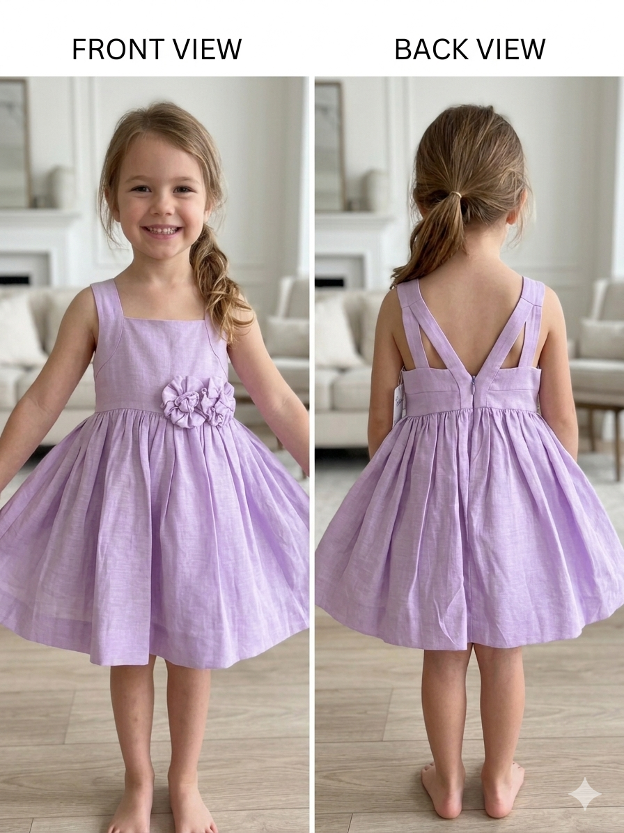 Girls Lavender Floral Linen Rosette Dress