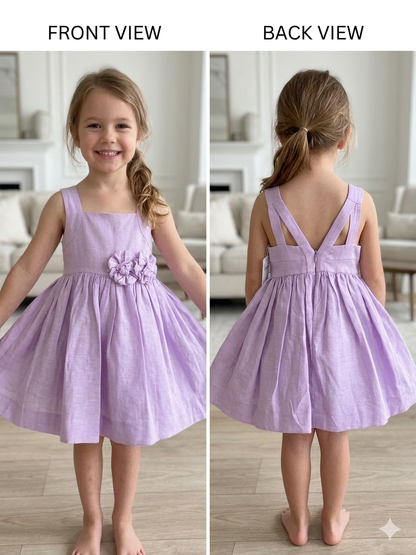 Girls Lavender Floral Linen Rosette Dress