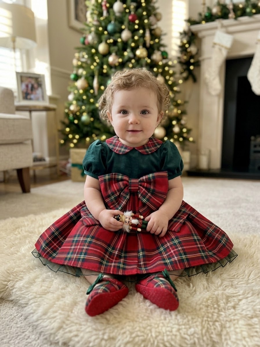 Girls' Green Velvet & Red Tartan Holiday Dress