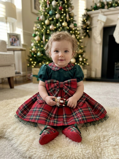 Girls' Green Velvet & Red Tartan Holiday Dress