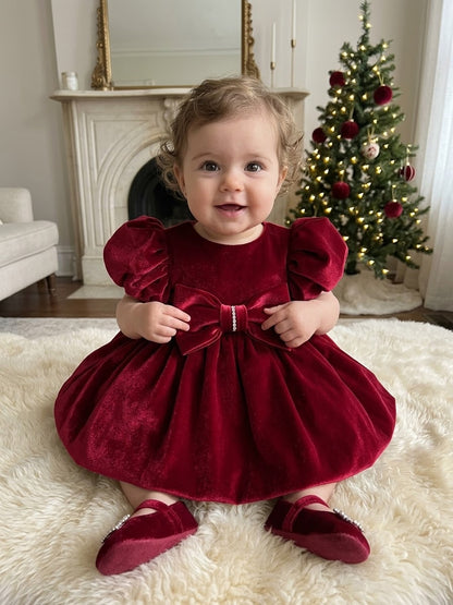 Girls' Red Velvet Puff Sleeve Bow Dress