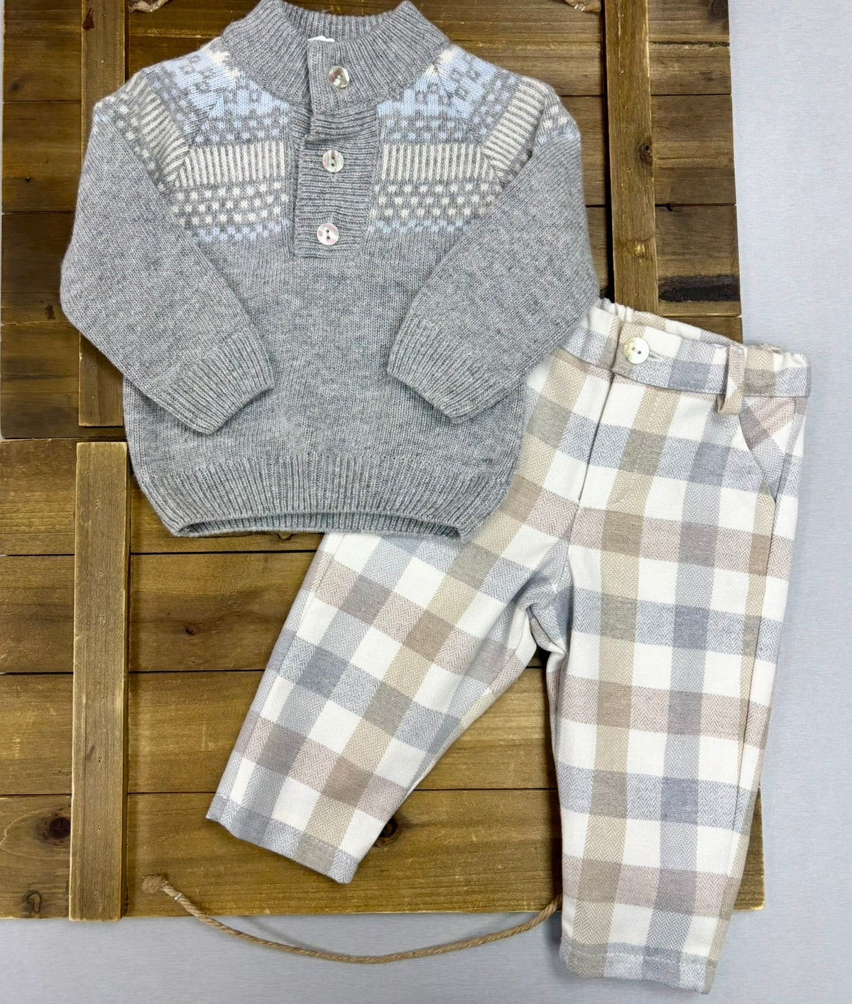 Little Snowflake Baby Sweater & Checkered Pants Set