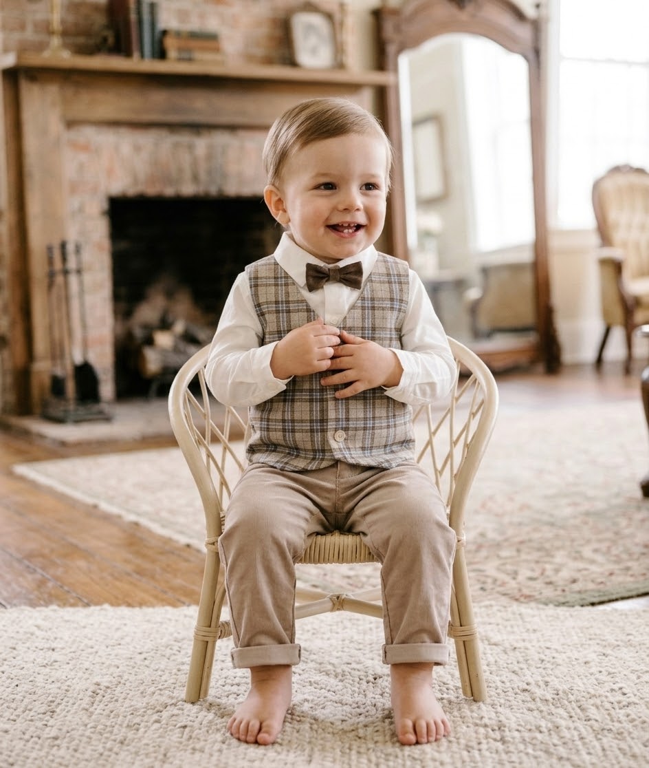 Boys’ Taupe Plaid Vest Dress Outfit