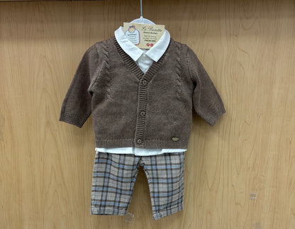 Baby Boys’ Taupe Knit Cardigan & Plaid Pants Outfit