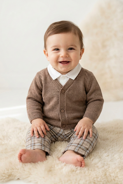 Baby Boys’ Taupe Knit Cardigan & Plaid Pants Outfit