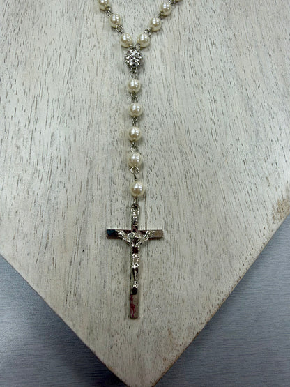 Ivory Pearl-Look Rosary with Silver-Tone Crucifix