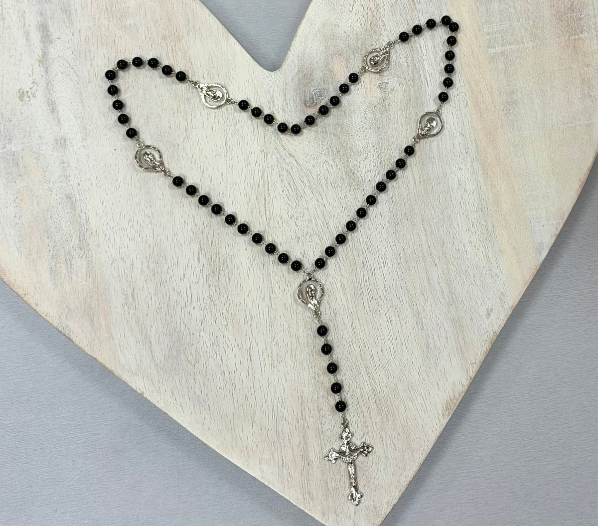 Round Black Bead Rosary with Silver-Tone Crucifix