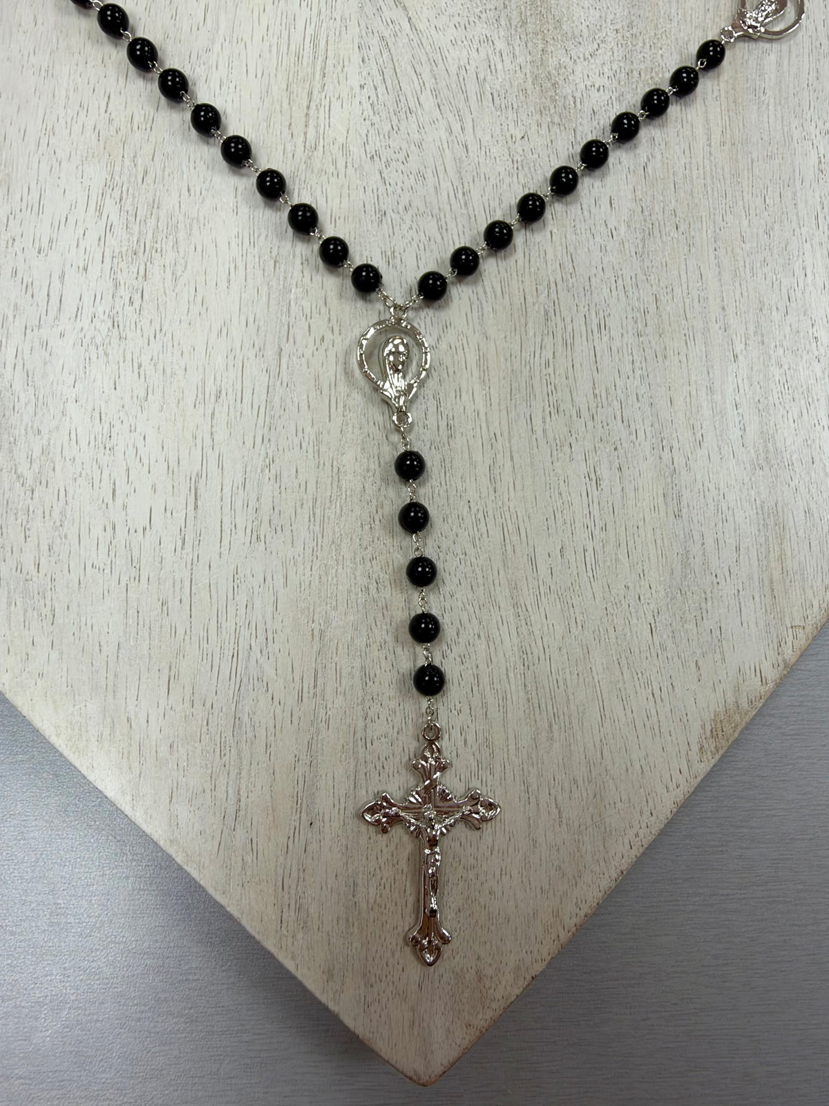 Round Black Bead Rosary with Silver-Tone Crucifix
