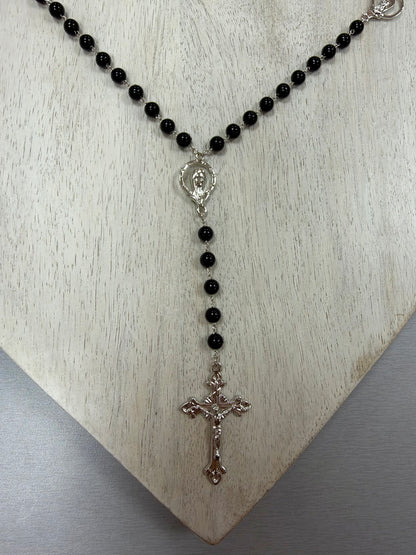 Round Black Bead Rosary with Silver-Tone Crucifix