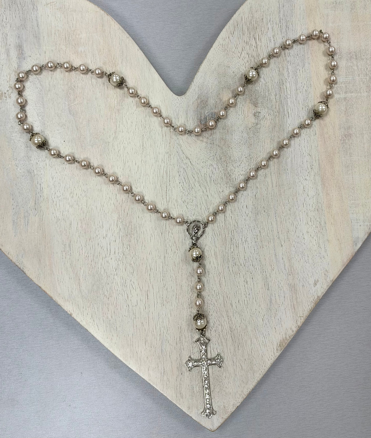 Pearl-Look Rosary with Silver-Tone Crystal Cross