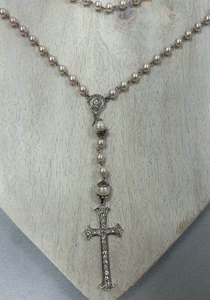 Pearl-Look Rosary with Silver-Tone Crystal Cross