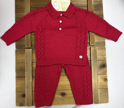 Red Cable-Knit Collared Sweater & Pants Set