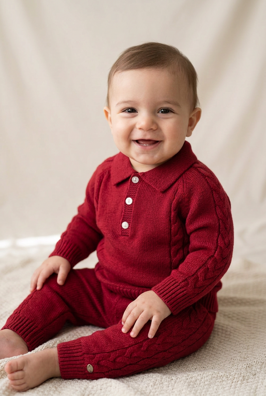 Red Cable-Knit Collared Sweater & Pants Set