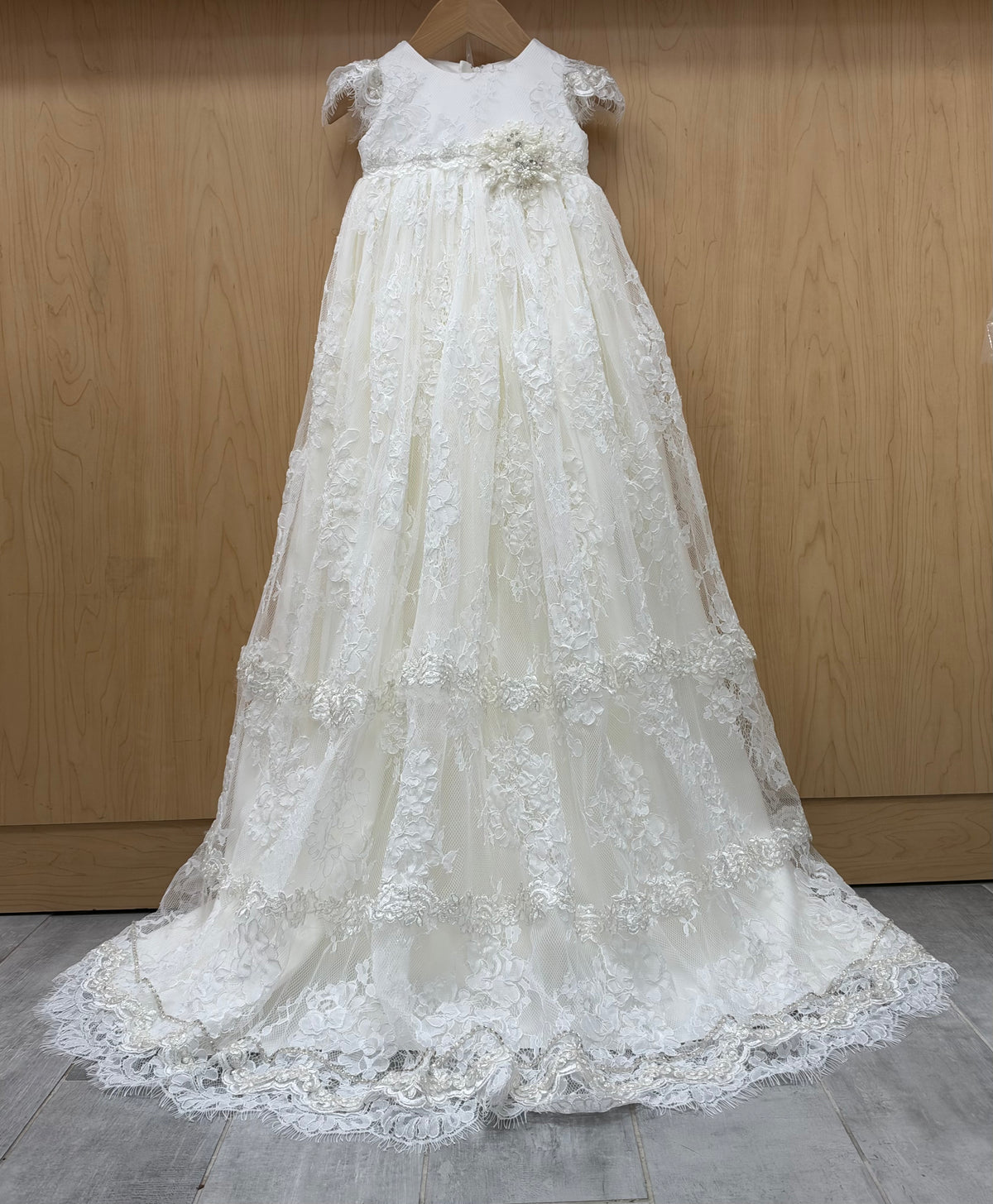 White Floral Lace Christening Gown with Embellished Waist