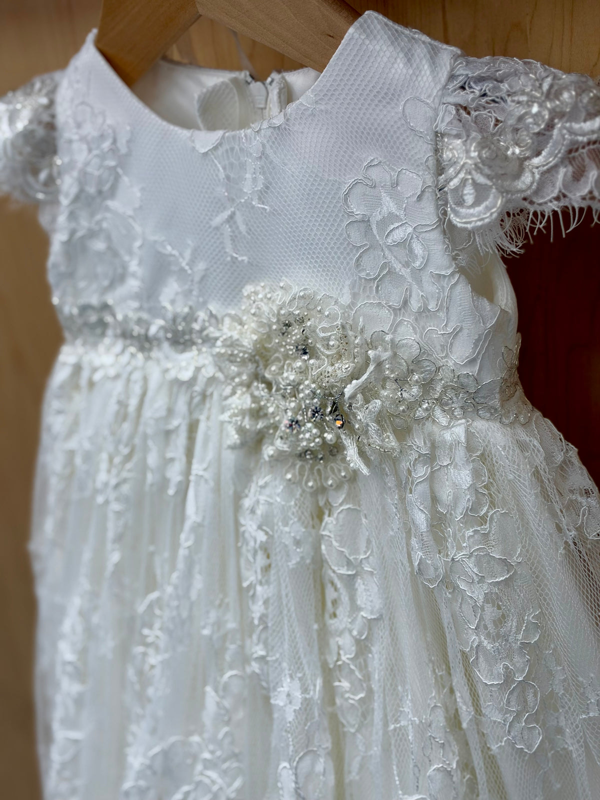 White Floral Lace Christening Gown with Embellished Waist